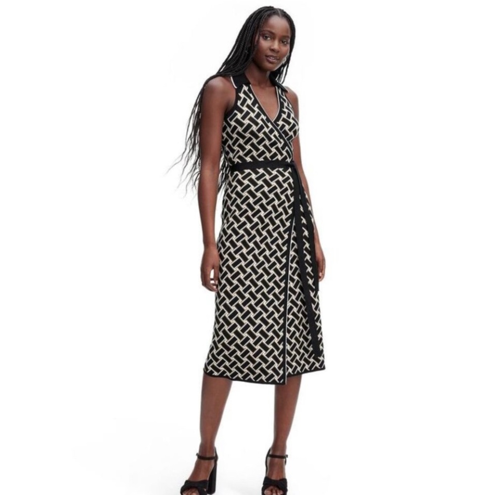 Diane Von Furstenberg Black, White & Gold Geometric Wrap Dress